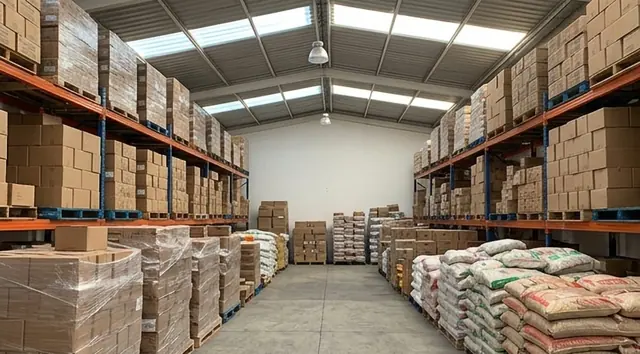 Bodega con anaqueles y tarimas de cajas de cartón