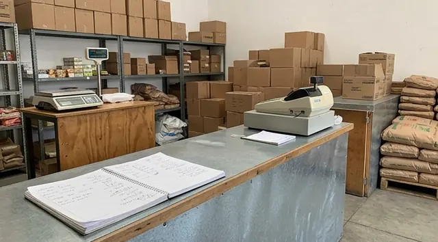 Mostrador con báscula, caja registradora y libreta de notas